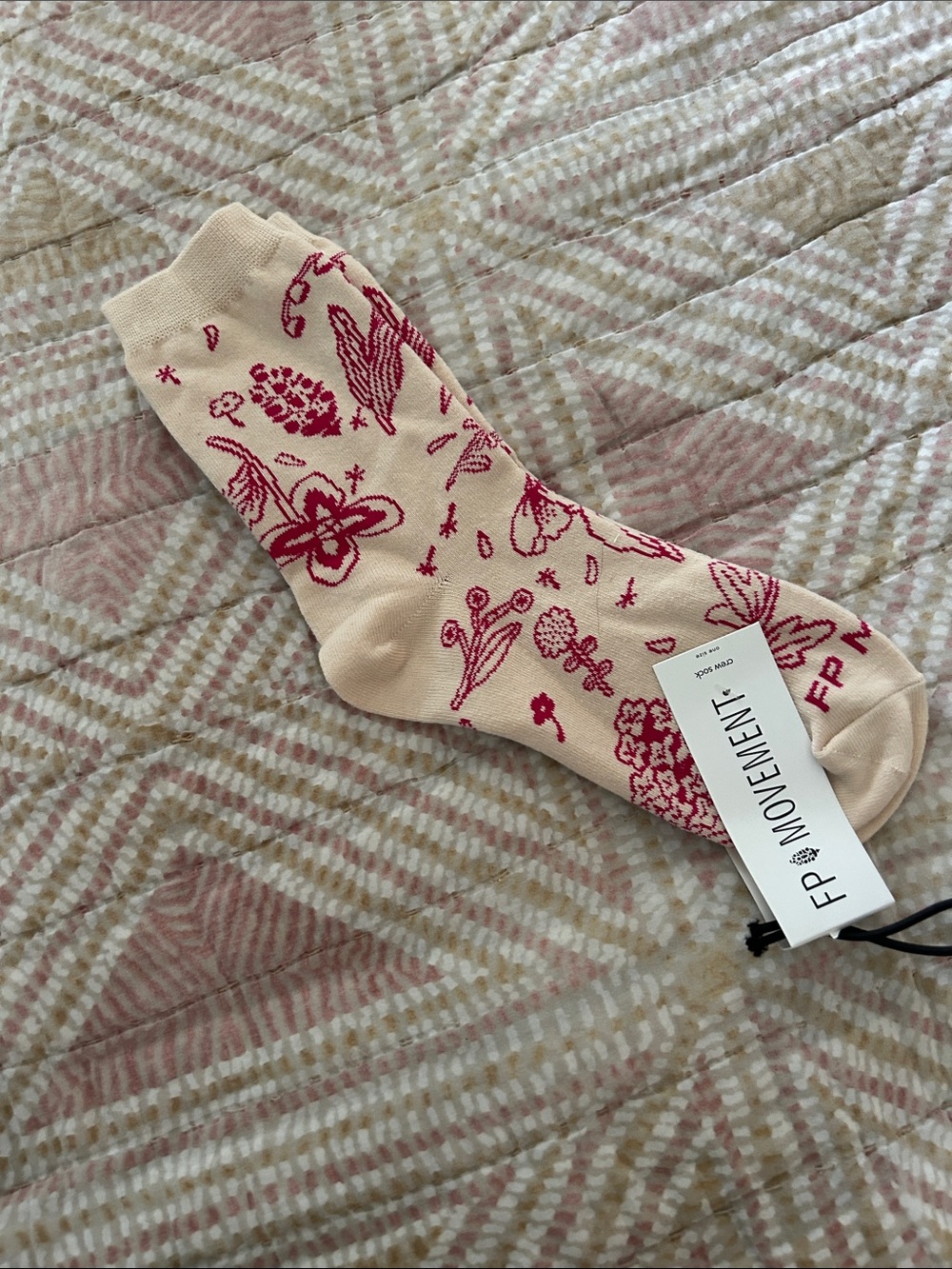 FP Movement by Free People Beige Crew Socks with Hot Pink Floral Motif